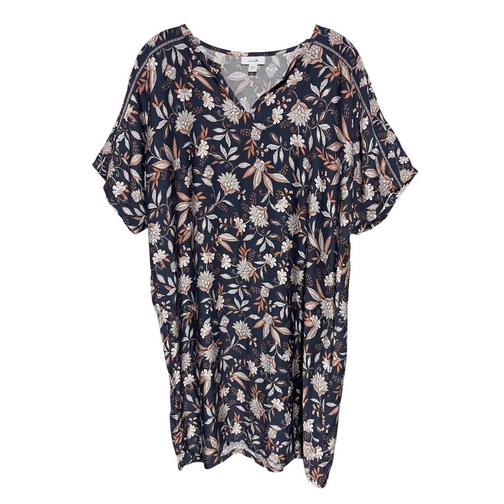 Pure Jill V Neck Shift Mini Dress Womens Size S Navy Blue Floral Short Sleeves